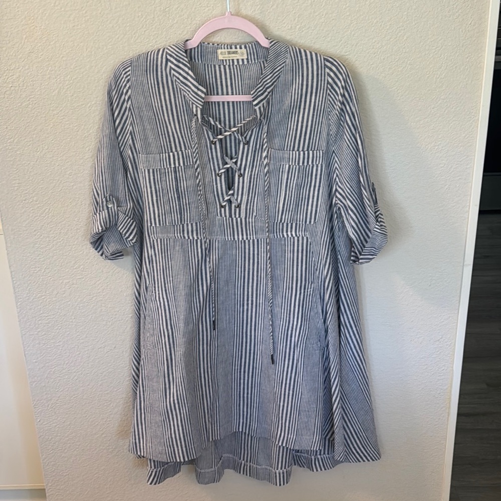 4our Dreamers Navy and White Striped Blouse